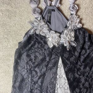 BKE Boutique Black and Silver Lacy Tank with Floral Straps, Size Large
